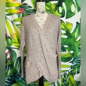 Express L Mauve Pink White Surplice Space Dye Stretchy Faux Wrap Light Sweater